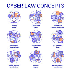 Collection of 2D editable colorful thin line icons representing cyber law, isolated vector, linear illustration.