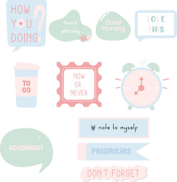 Vector set of cute kawaii pastel typography planner stickers