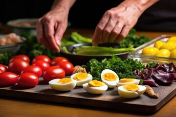 Obraz na płótnie Canvas making a nicoise salad: a hand placing eggs