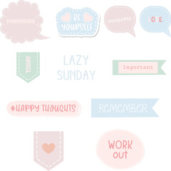 Vector set of kawaii pastel notebook tags, stickers and label