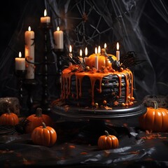 illustration of Stylish and beautiful Halloween cake on table photog, Generative ai