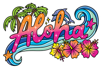 Fototapeta na wymiar Aloha hawaiian summer illustration with dolphins and hibiscus flowers