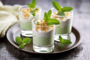 decorating parfait with fresh mint leaves