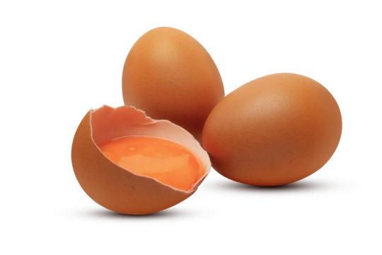 Brown chicken eggs and egg yolk on transparent background png