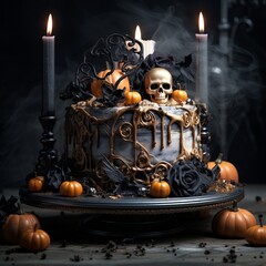 Fototapeta na wymiar illustration of Stylish and beautiful Halloween cake on table photog, Generative ai