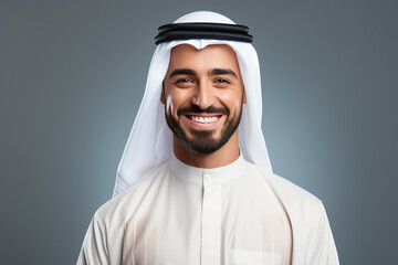 isolated happy muslim man posing on solid background