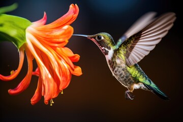 Obraz premium a hummingbirds beak touching a blossoming flower
