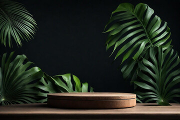 Mock up. Wooden table top on tropical forest background with good light. High quality photo