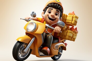 Cheerful cartoon character delivering an order on a motorbike, showcasing speedy delivery services, Generative AI