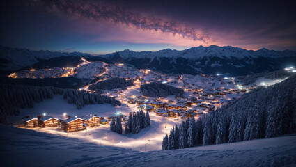 Ski resort at night, A vibrant ski resort with brightly lit slopes and a starry night sky, captures the excitement and energy of winter sports and nighttime activities, generative Ai