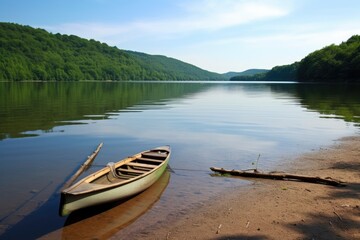Naklejka na ściany i meble unattended rowing boat & oars on a peaceful lakeshore