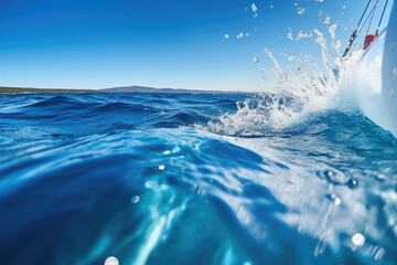sailboat stern wave wake on clear blue water - obrazy, fototapety, plakaty