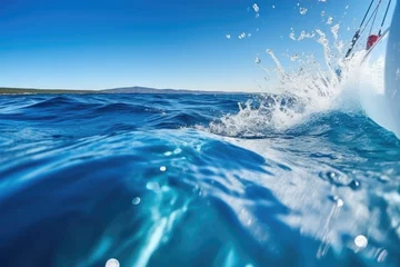 Fotobehang sailboat stern wave wake on clear blue water © altitudevisual