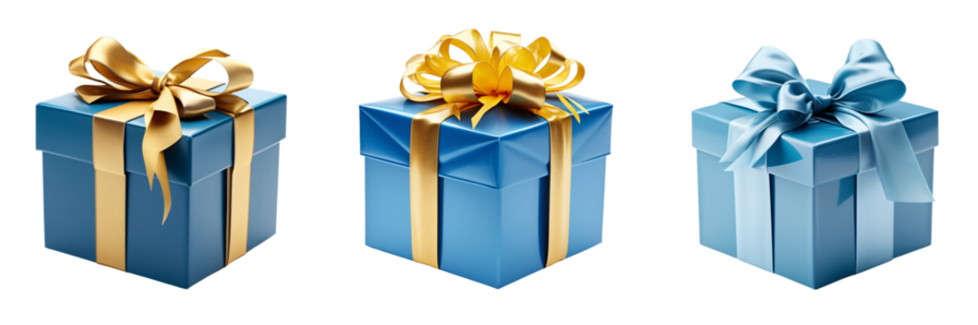 A set of blue gift boxes isolated on a transparent background