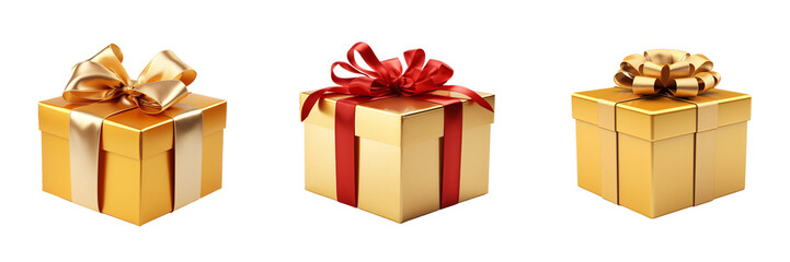 A set of different types of golden gift boxes Isolated on a transparent background