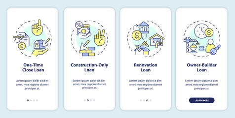 2D linear icons representing construction cost mobile app screen set. Walkthrough 4 steps multicolor graphic instructions with concept, UI, UX, GUI template.