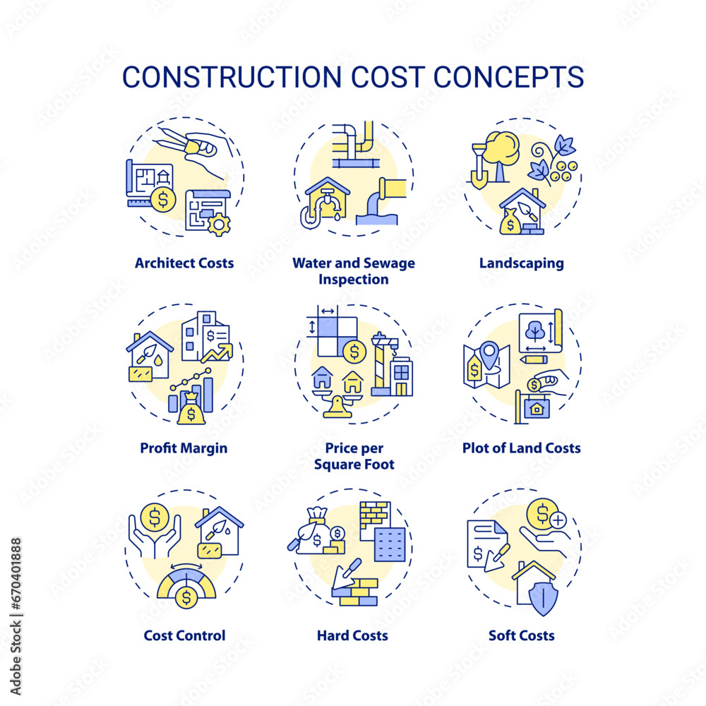 Poster set of 2d editable colorful thin line icons representing construction cost, isolated vector, linear 