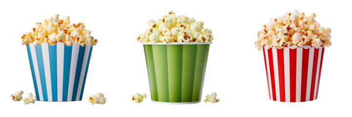 A set of different types of popcorn boxes Isolated on a transparent background