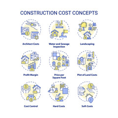 Fototapeta premium Set of 2D editable colorful thin line icons representing construction cost, isolated vector, linear illustration.
