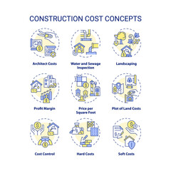 Set of 2D editable colorful thin line icons representing construction cost, isolated vector, linear illustration.