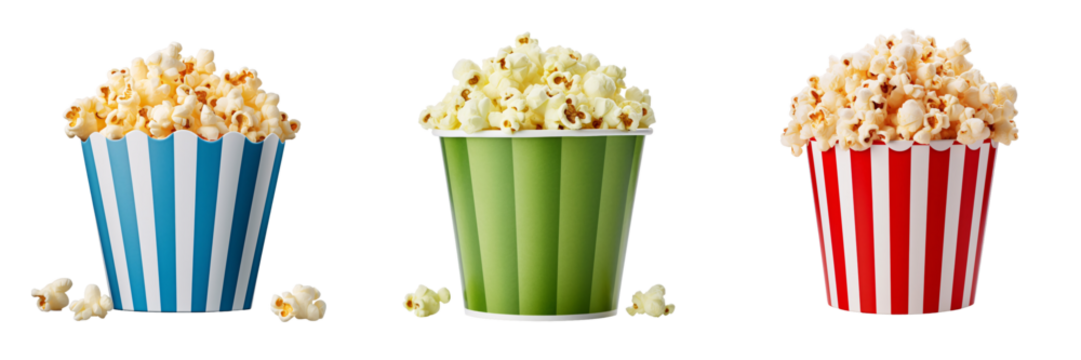 A set of different types of popcorn boxes Isolated on a transparent background