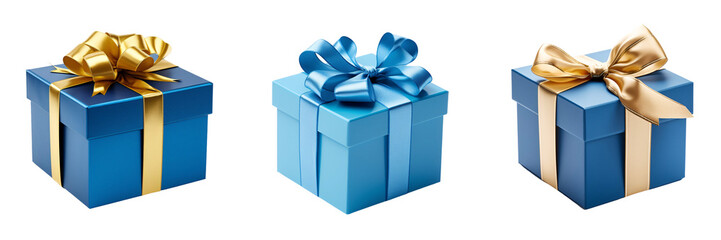 A set of three blue gift boxes isolated on a transparent background
