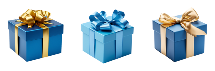 A set of three blue gift boxes isolated on a transparent background