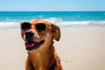dog at sea. a red shaggy dog with sunglasses stands near the blue sea on warm golden sand under the sun