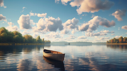 lake with a wooden rowboat - obrazy, fototapety, plakaty