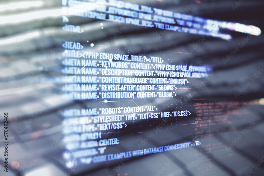 Poster multi exposure of abstract creative coding sketch on blurry abstract metal background, artificial in