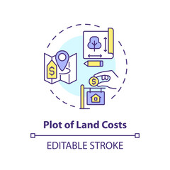 2D editable multicolor plot of land costs icon, simple isolated vector, construction cost thin line illustration.