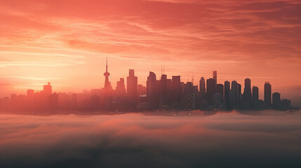 A city in fog at sunset