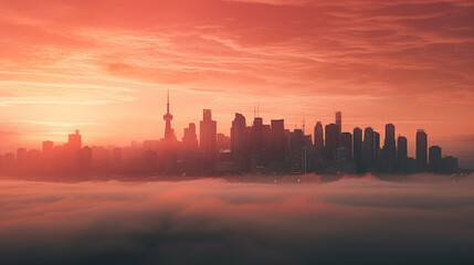 Obraz premium A city in fog at sunset