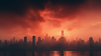 Fototapeta na wymiar A city in fog at sunset