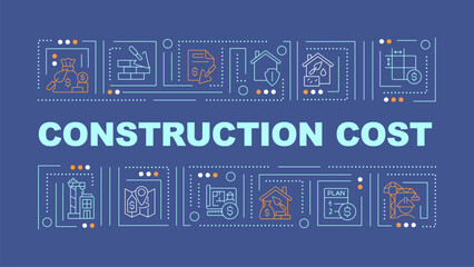 2D construction cost text with various thin line icons concept on dark blue monochromatic background, editable 2D vector illustration.