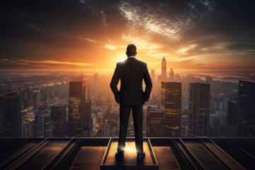 Hombre de negocios en traje en la cima de un rascacielos observando la ciudad al atardecer.