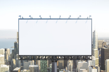 Blank white horizontal billboard on skyline background at daytime, front view. Mock up, advertising concept