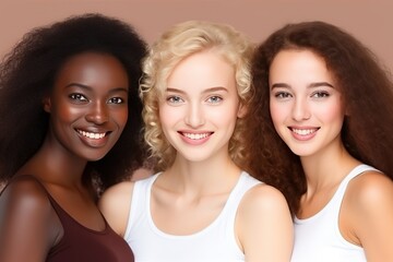 Diversity, beauty and natural with woman friends in studio on a beige background to promote skincare.