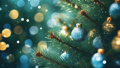 Obraz na płótnie Canvas Close-up view of a Christmas tree creating a festive backdrop