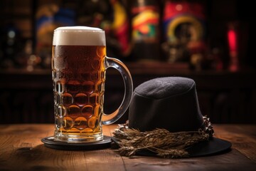 traditional german hat next to a full beer stein - obrazy, fototapety, plakaty