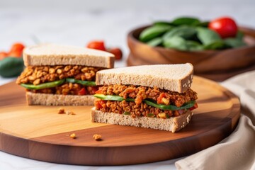 tempeh sandwich with baked beans on a wooden plate