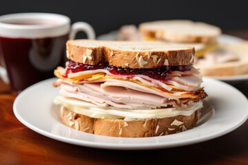 thinly sliced turkey with cranberry sauce on bagel