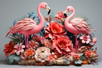 Tropical-themed flamingo float featuring palm leaves and exotic flowers, creating a paradise-inspired scene, Generative AI
