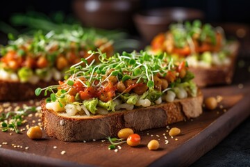 sourdough bruschetta covered in smashed chickpeas and sprouts