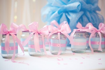various baby bottles with pink or blue ribbons