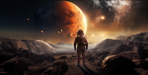 astronaut on the moon, alien planet in space, astronaut in space, Realistic space photo with several planets the sun