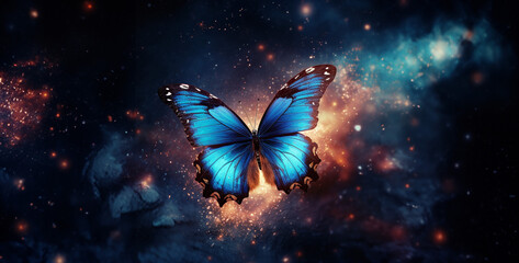 butterfly in the night, wallpaper Morpho Helena butterfly flying in the space - obrazy, fototapety, plakaty