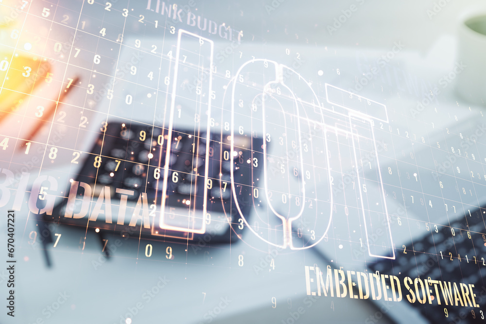 Poster Abstract virtual IOT hologram on calculator and laptop background. Multiexposure