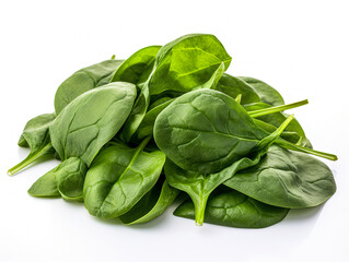 Pile of spinach leaves close-up on a white background