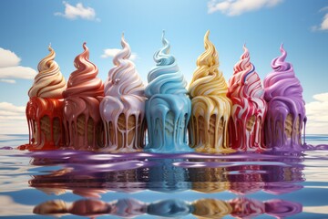  Colorful rainbow stick ice cream melting into a vibrant pool of colors, creating a whimsical and playful scene, Generative AI